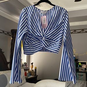 Long sleeve royal blue and white striped polyester top